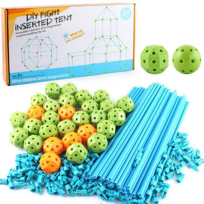 Bauset für Kinder, DIY Zelt, grüne und orange Kugeln, blaue Stäbe, Kreativspielzeug ab 3 Jahren.