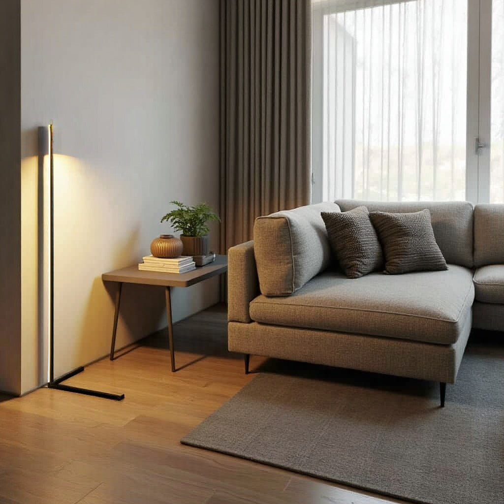 Lampa zapnutá v obývacím pokoji u rohové pohovky, malého stolku s rostlinou a dřevěné podlahy 6