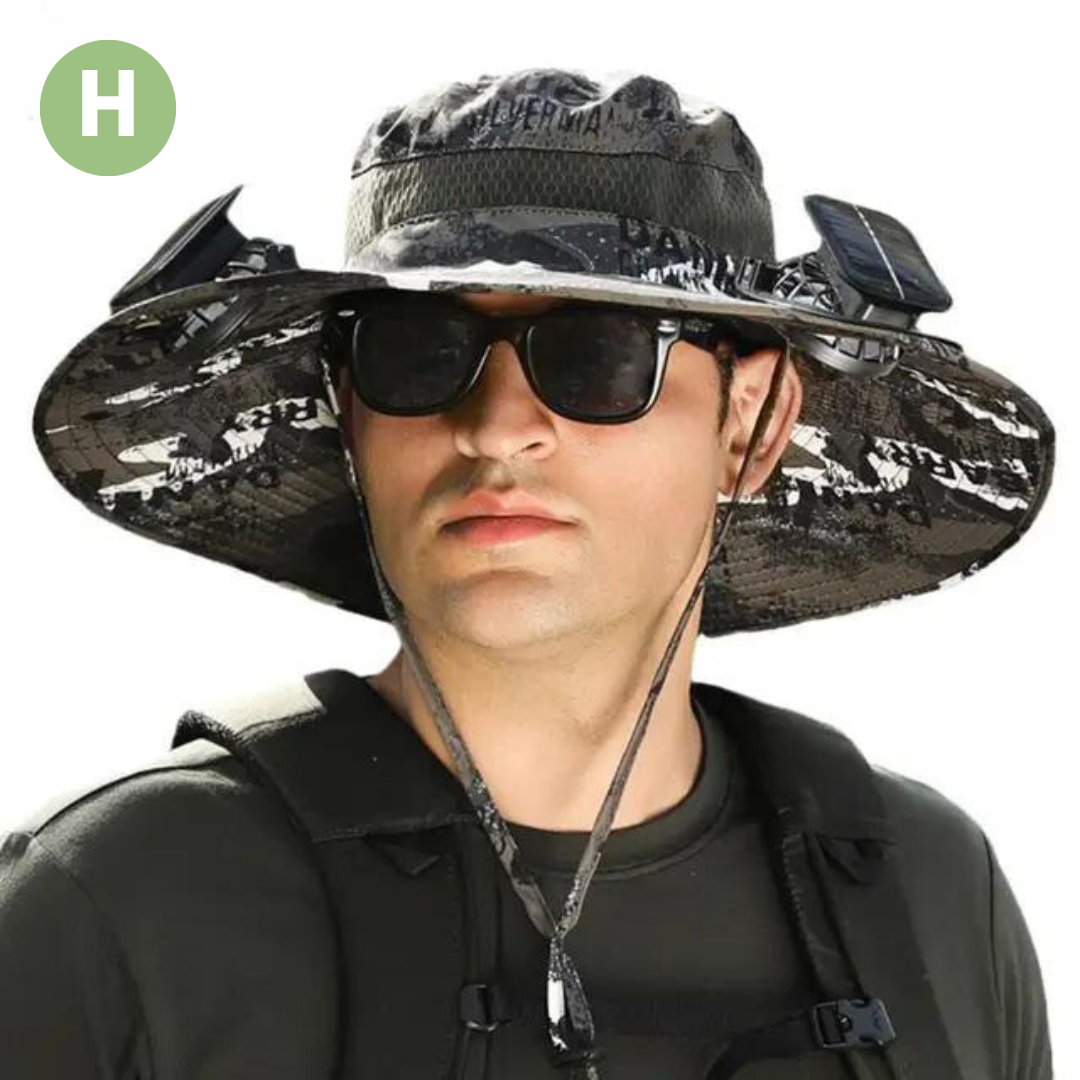 Venkovní sluneční klobouk s vestavěným ventilátorem – Sunbreeze