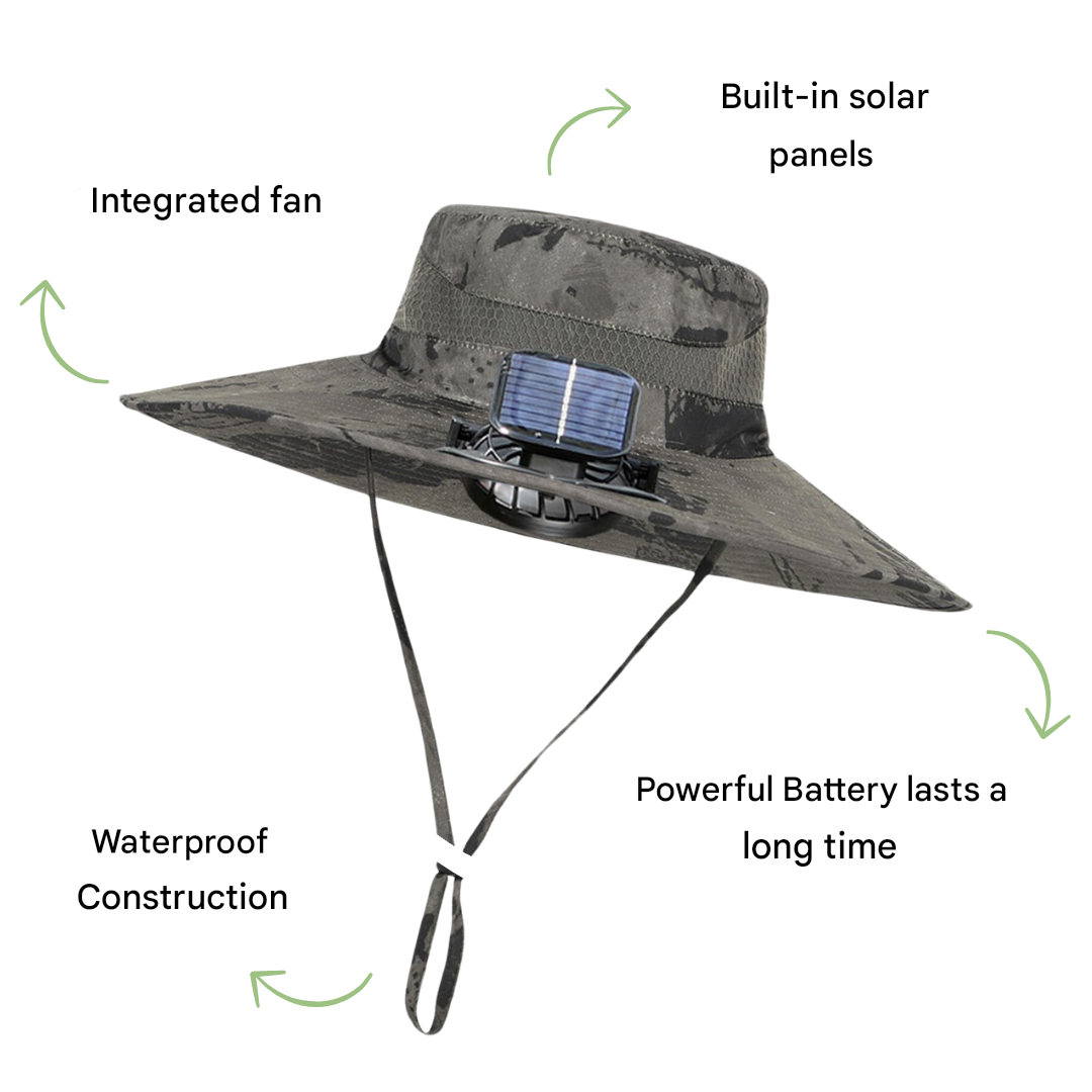 Venkovní sluneční klobouk s vestavěným ventilátorem – Sunbreeze