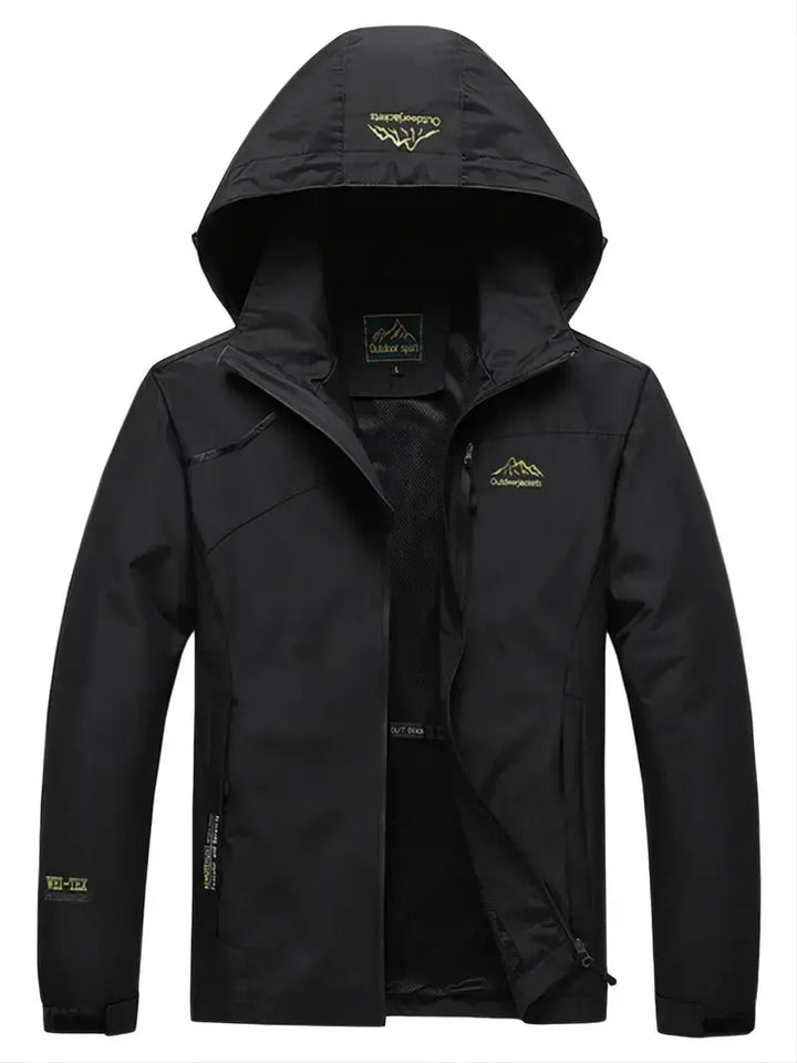 Schwarze wasserdichte Outdoor-Windjacke mit Kapuze, ideal für Wandern und Trekking.