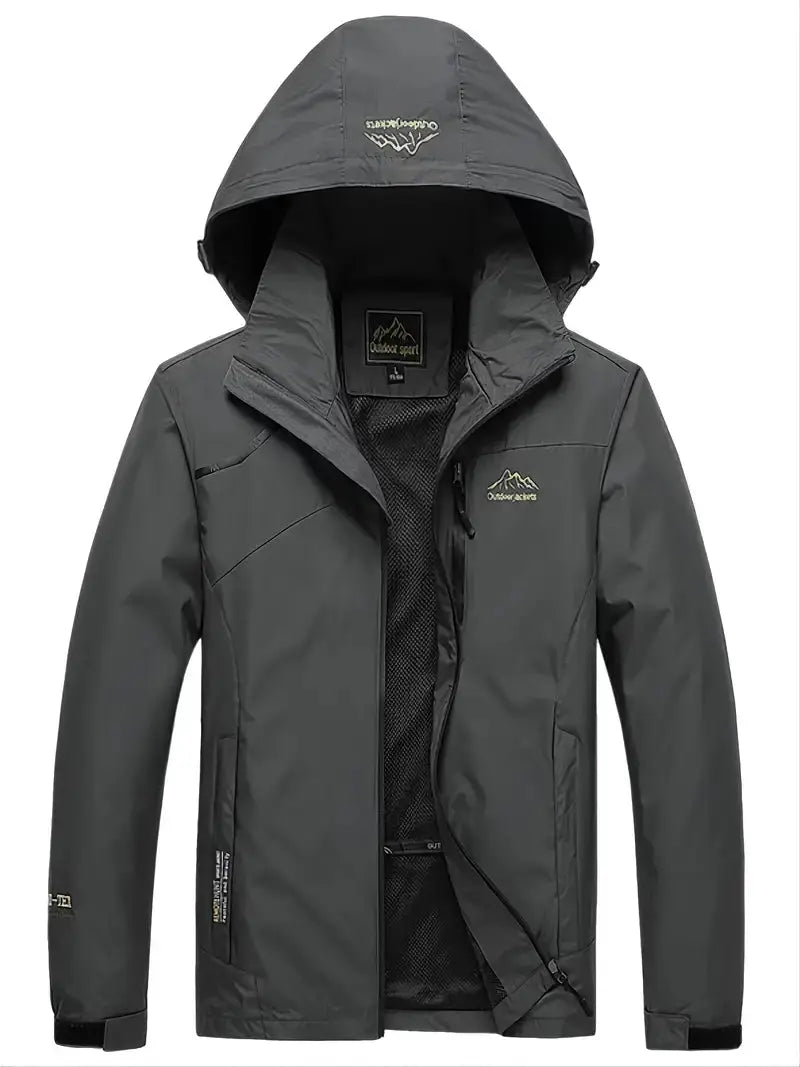 Wasserdichte Outdoor-Windjacke, dunkelgrau, mit Kapuze, atmungsaktiv, für Herren.
