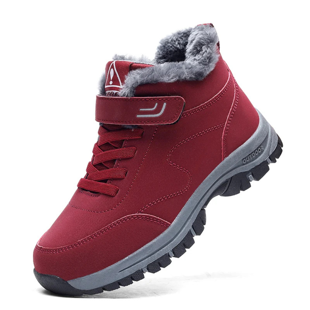 Rote Winterstiefel mit Fellfutter, rutschfeste Sohle, Outdoor-Schuhe für Damen.