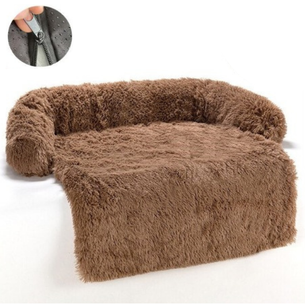 Braunes, flauschiges Hundesofa mit Reißverschluss, bequemes Haustierbett, waschbar.