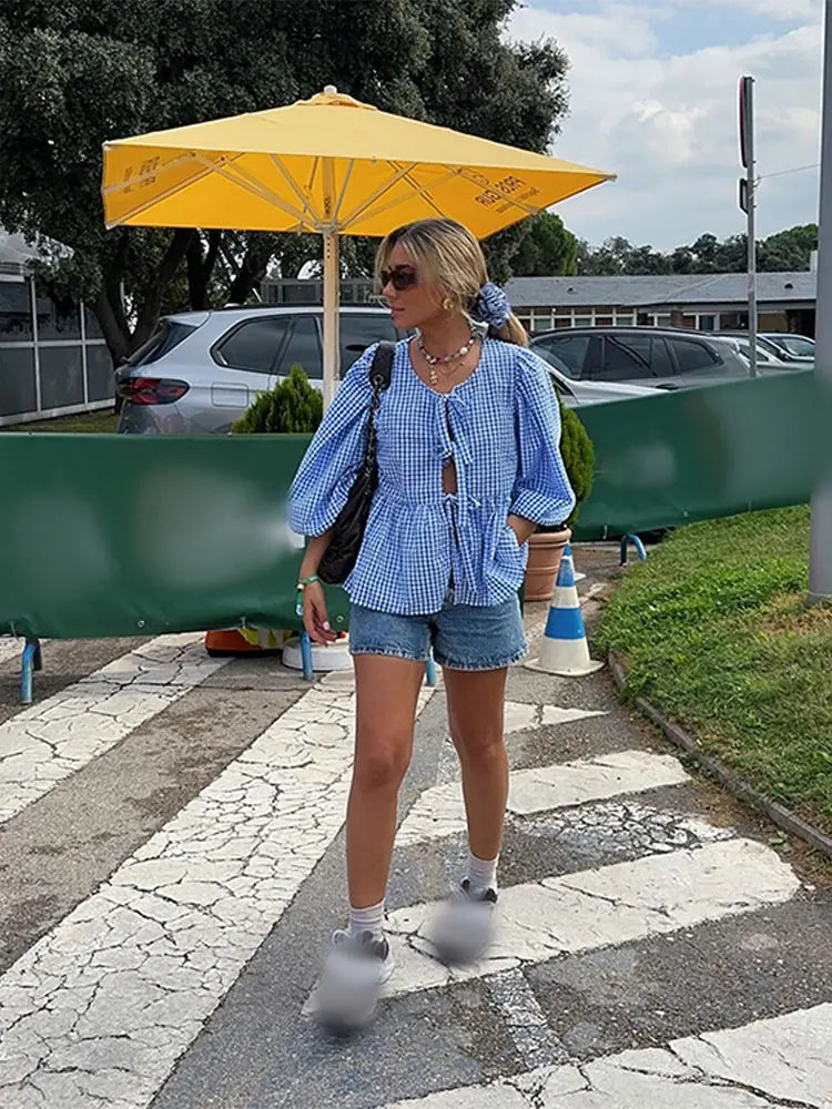 Kostkovaná dámská blůza s nabíranými rukávy – Maeve Podzimní edice kouzelství
