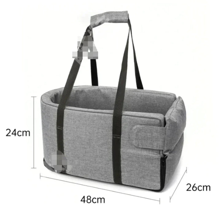 Graue Babytragetasche, 48x26x24 cm, mit Tragegriffen, faltbar, aus Stoff.