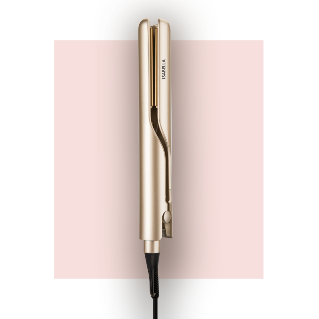 Goldener kabelloser Haarglätter, tragbar, für glattes Haarstyling, modernes Design.