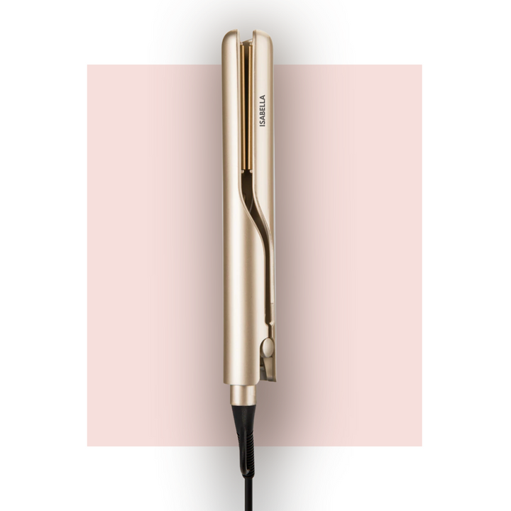 Goldener kabelloser Haarglätter, tragbar, für glattes Haarstyling, modernes Design.