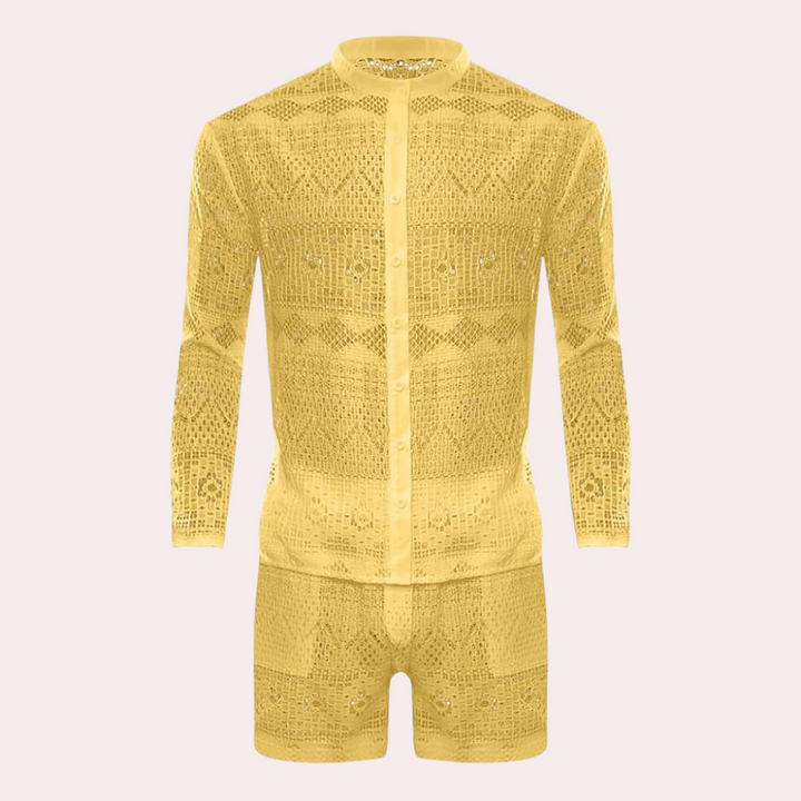 Gelbes Häkel-Set, langärmeliges Hemd und Shorts, modisch, Sommerkleidung, Unisex.