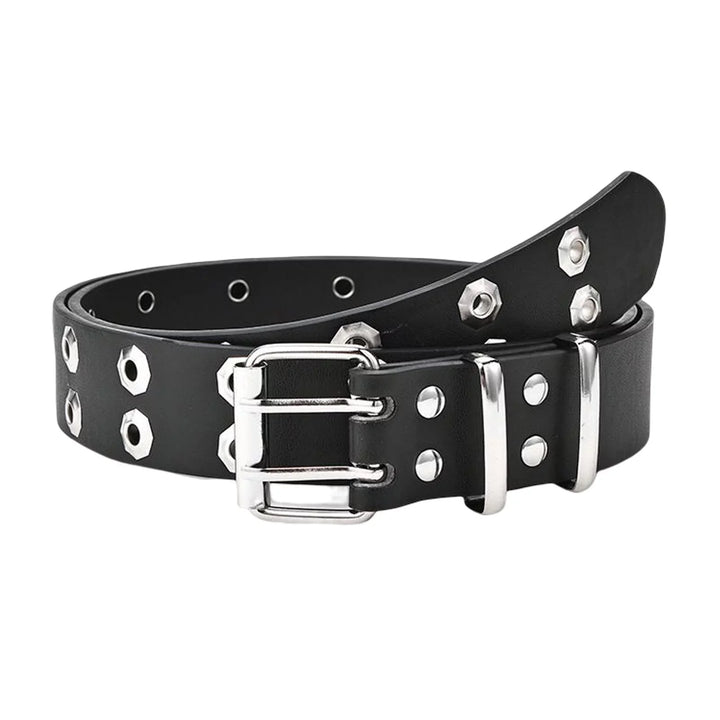 Schwarzer Ledergürtel mit silbernen Nieten, modisch, robust, Unisex-Accessoire.