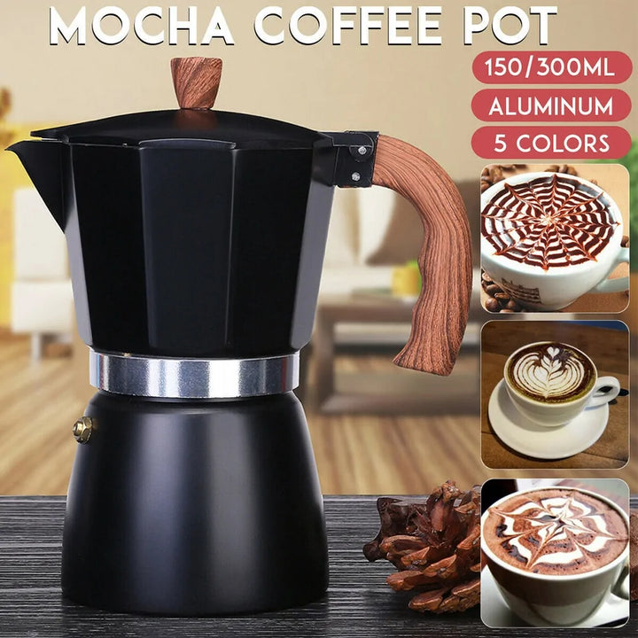 Schwarzer Mokkakocher aus Aluminium mit Holzgriff, 150/300ml, 5 Farben, Kaffeetassen-Dekor.
