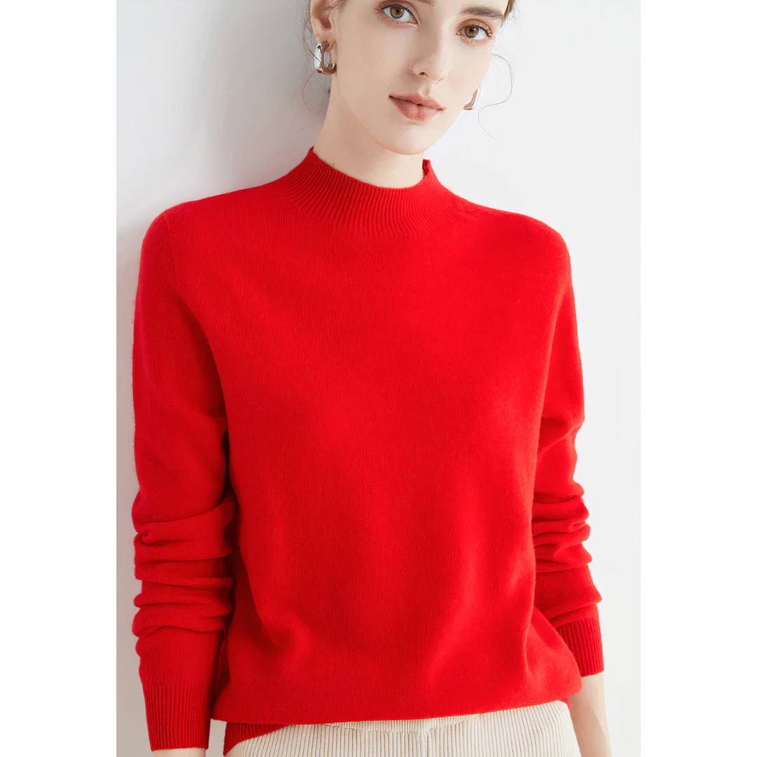 Roter Damenpullover, Rollkragen, Strick, elegant, modisch, Herbstmode, weiches Material.