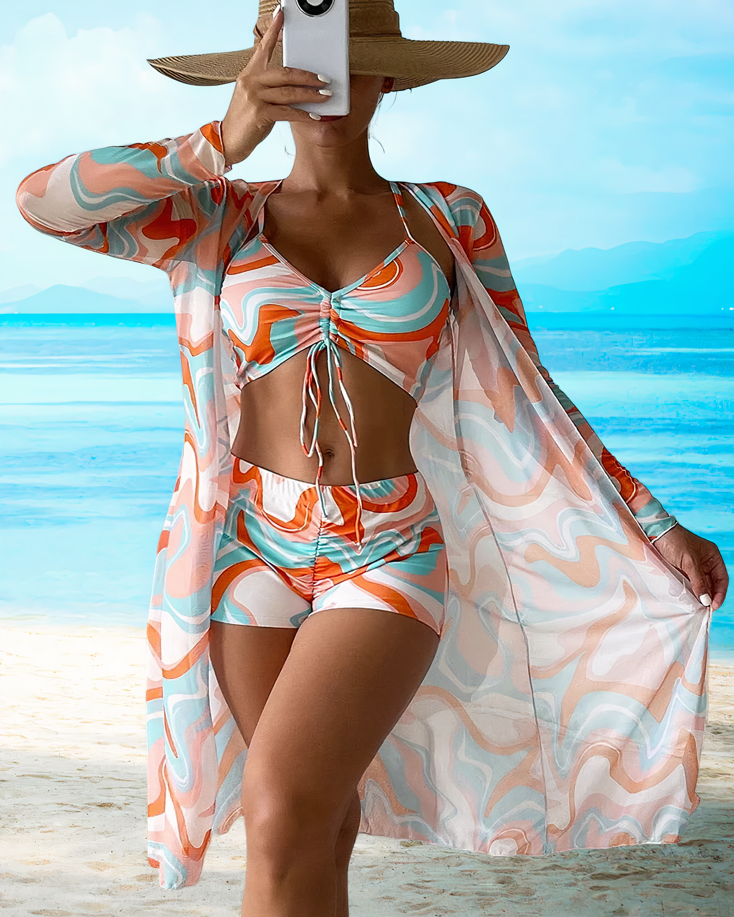 Trojdílný bikiny set s vysokým pasem a cover-up – Marisse