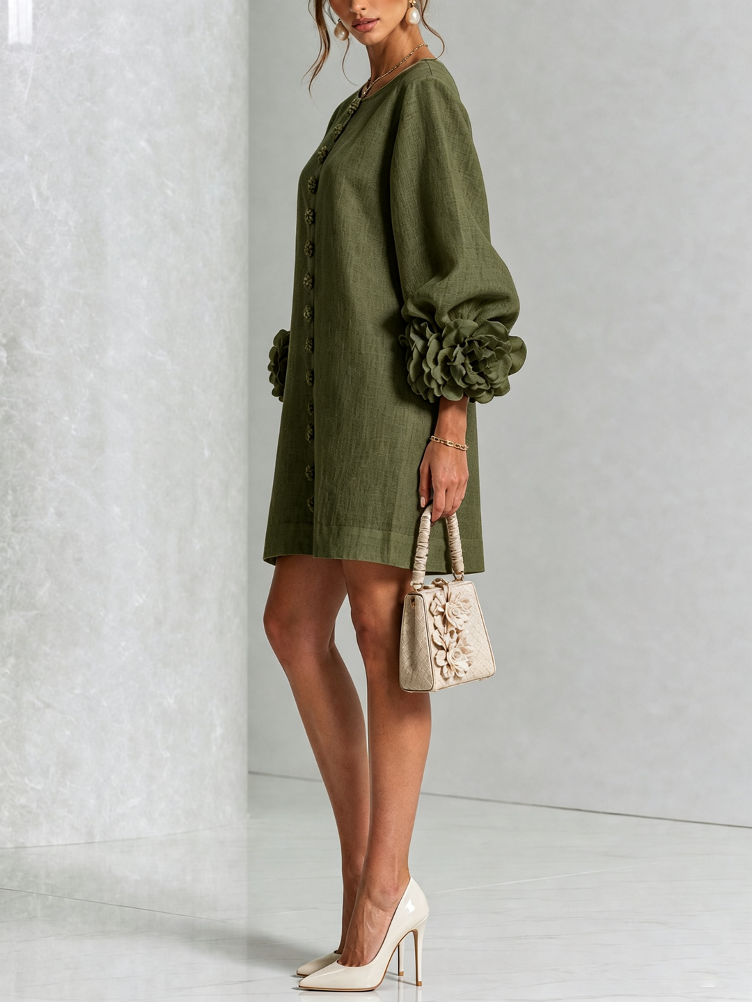 Elegant A-Line Dress with Volume Sleeves and Floral Buttons 8