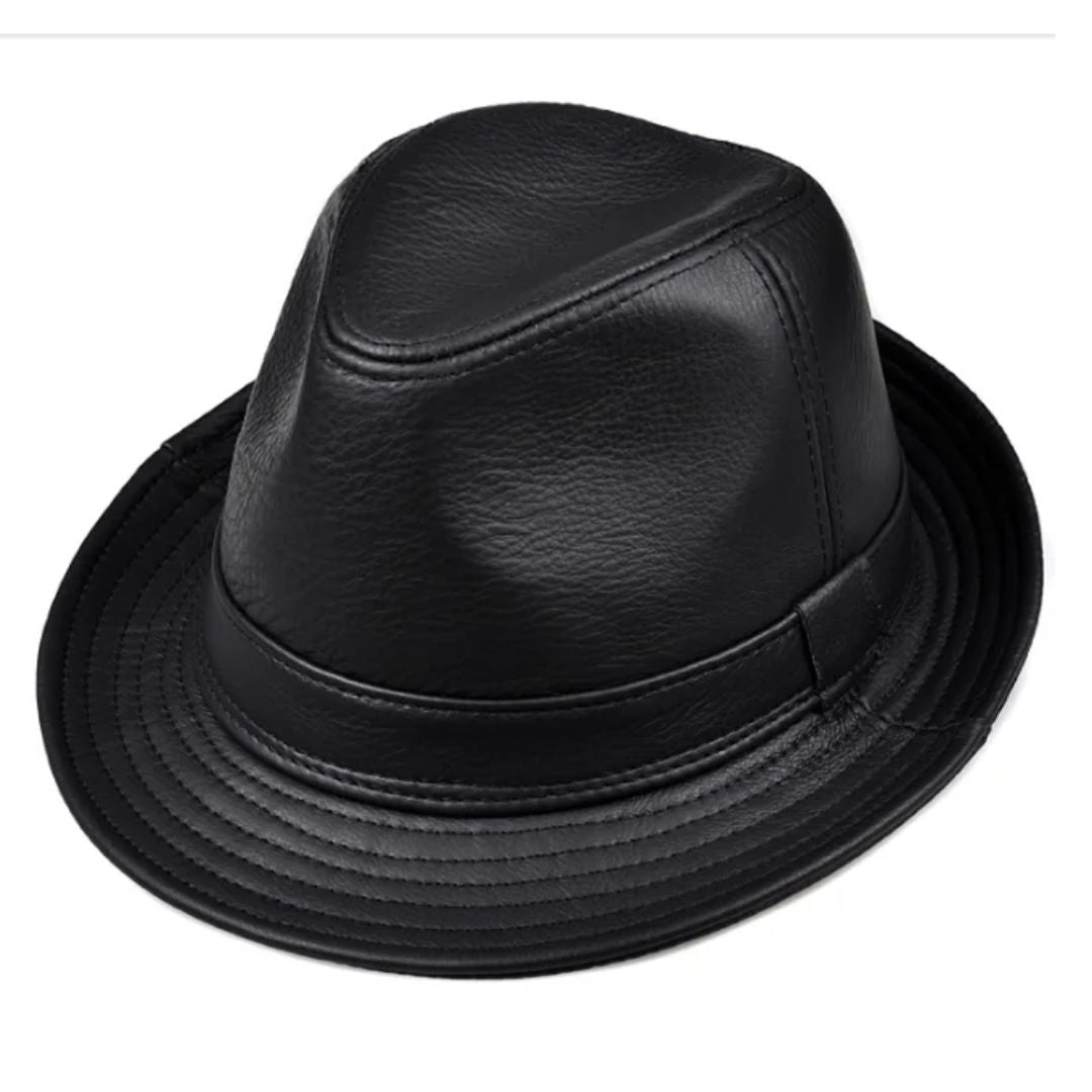 Schwarzer Leder-Fedora-Hut, stilvoll, modisch, Unisex, Accessoire, elegantes Design.