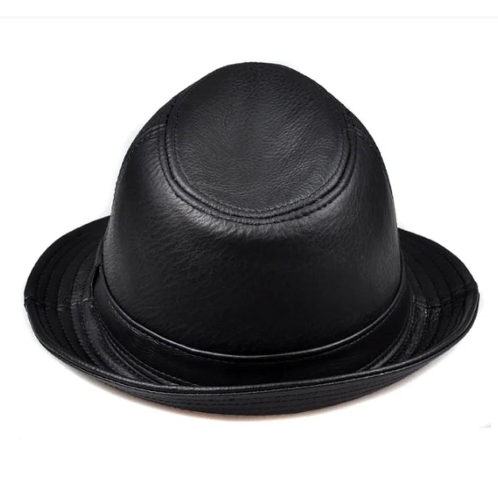 Schwarzer Lederhut, Fedora-Stil, modisch, Unisex, hochwertiges Material, elegant.