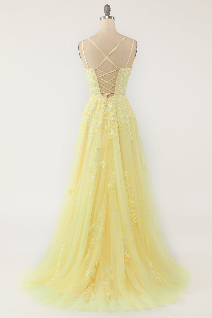 Gelbes Abendkleid aus Tüll mit Blumenstickerei und Schnürung, elegantes Design, bodenlang.