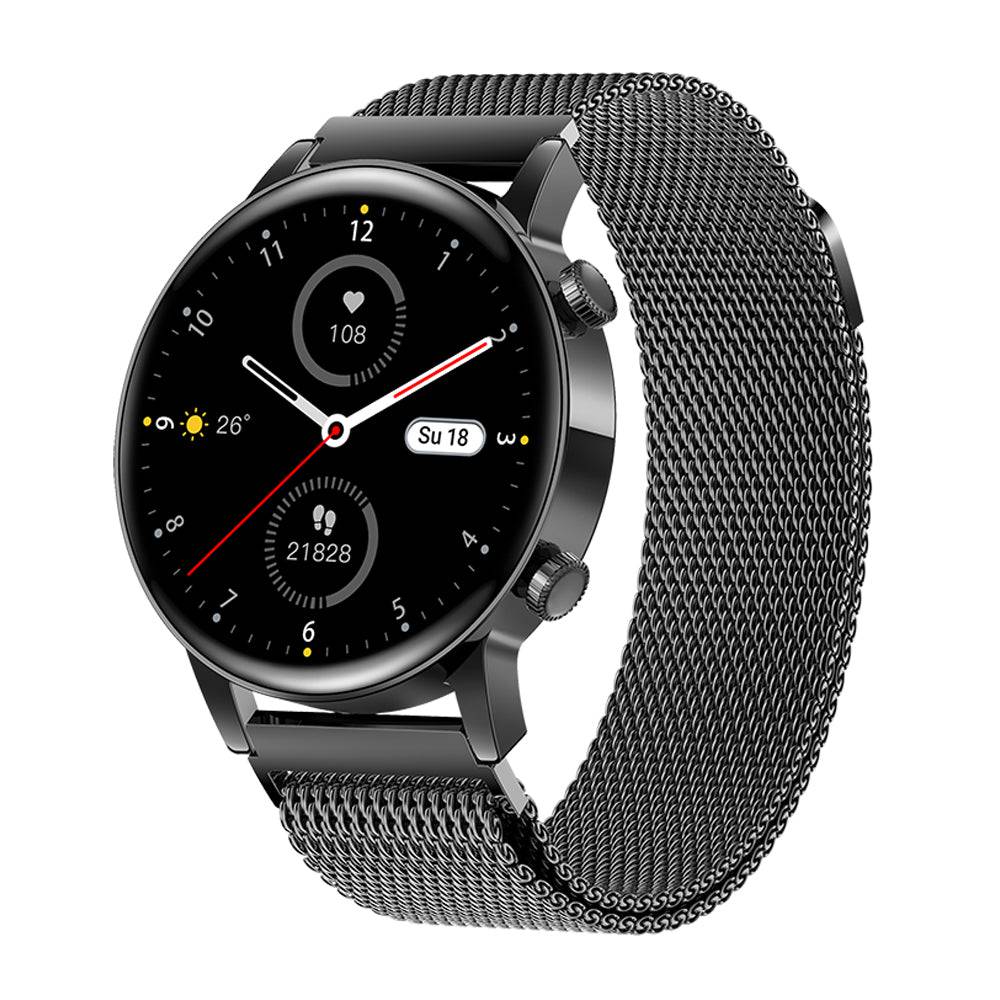 Schwarze Damen-Smartwatch mit rundem Zifferblatt und Metallarmband, stilvolles Design.