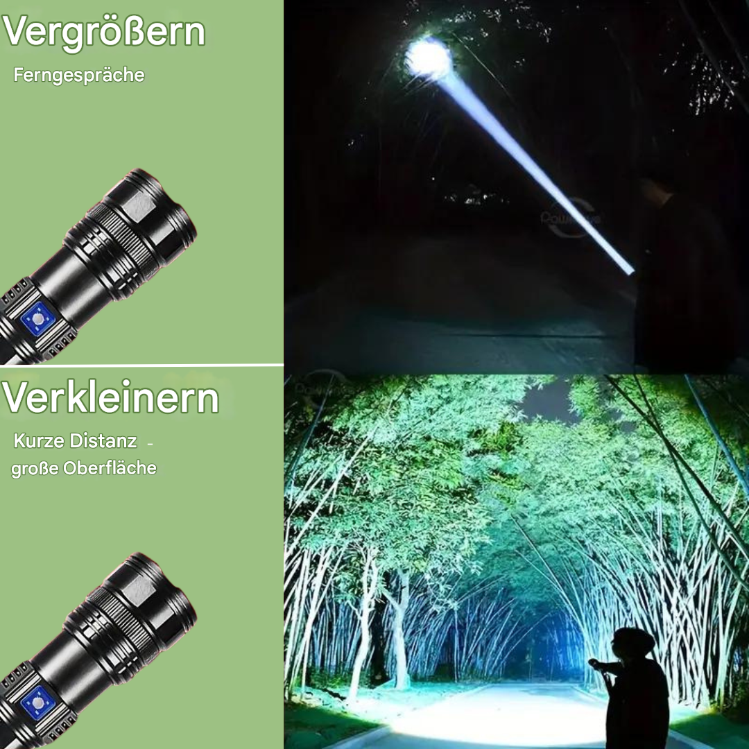 Taschenlampe mit Zoomfunktion, LED, schwarz, für Fern- und Nahbeleuchtung, Outdoor-Einsatz.