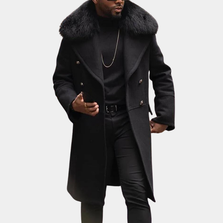 Männer Wintermantel schwarz mit Fellkragen, eleganter Wollmantel, modische Herrenbekleidung.