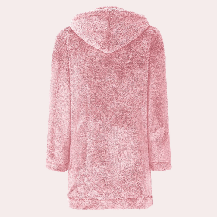 Rosa Damen-Fleecejacke mit Kapuze, weiches Material, Wintermode, gemütlich und warm.