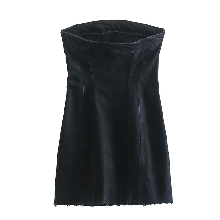 Schwarzes Denim-Korsett, ärmellos, modisch, Damenbekleidung, elegantes Design.