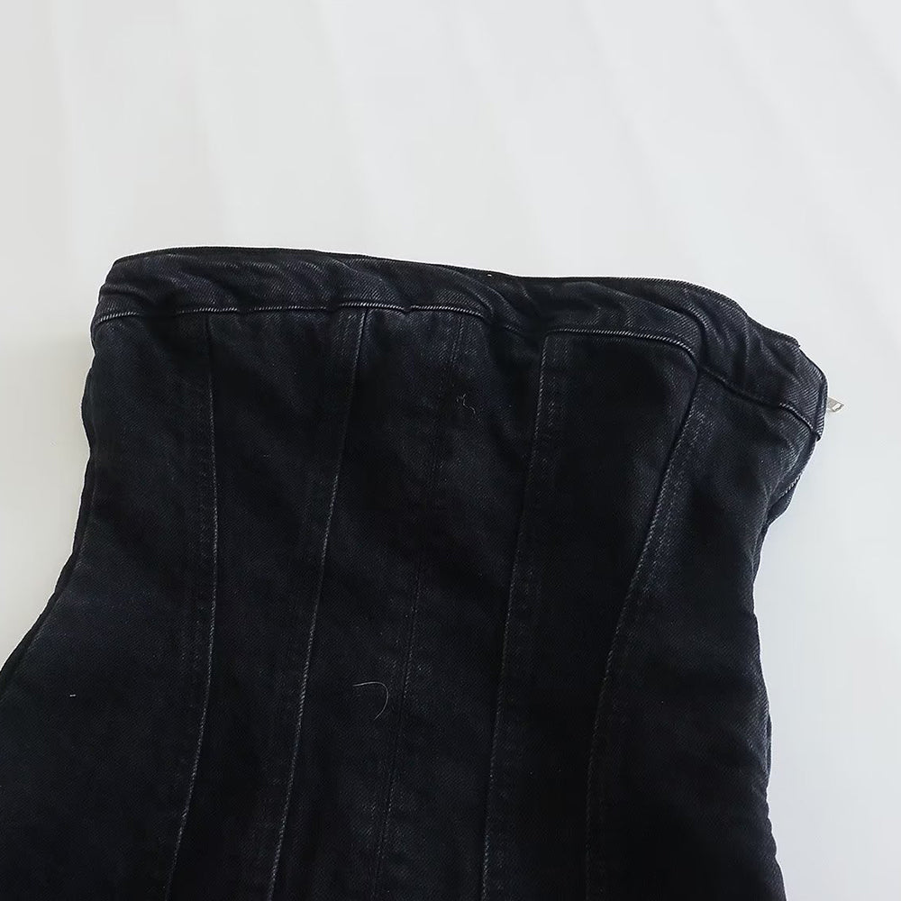 Schwarzes Denim-Korsett, figurbetont, modisch, Damenbekleidung, elegant, vielseitig.