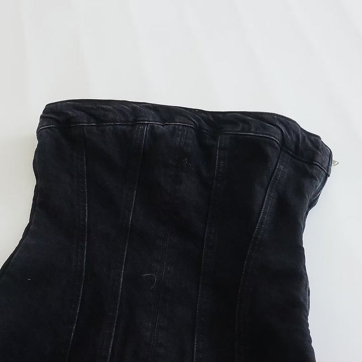 Schwarzes Denim-Korsett, figurbetont, modisch, Damenbekleidung, elegant, vielseitig.