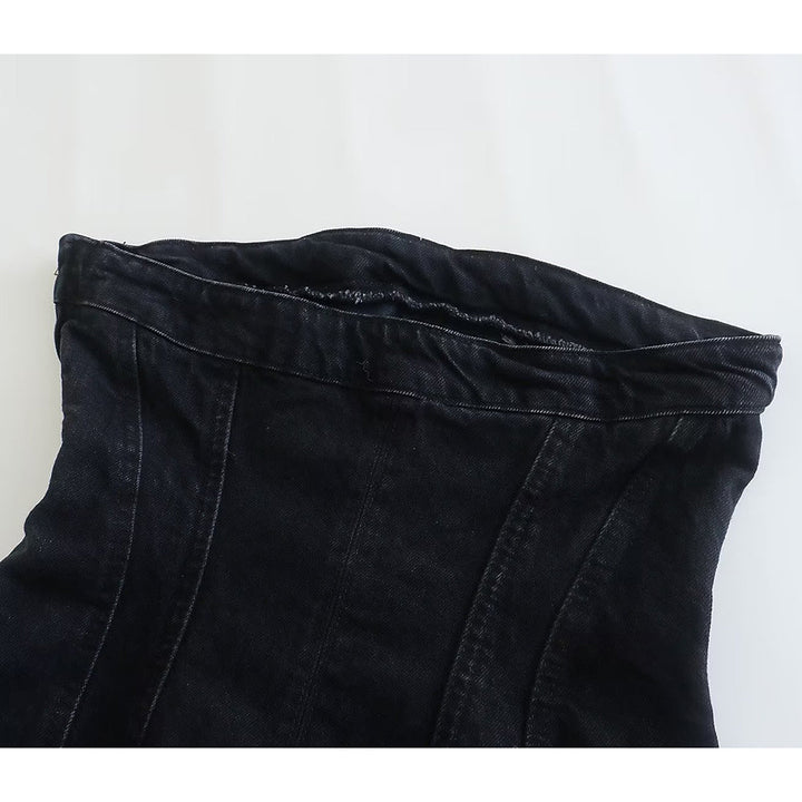 Schwarzer Jeansrock Damen, hoher Bund, Denim, modisch, elegant, vielseitig, Freizeitkleidung.