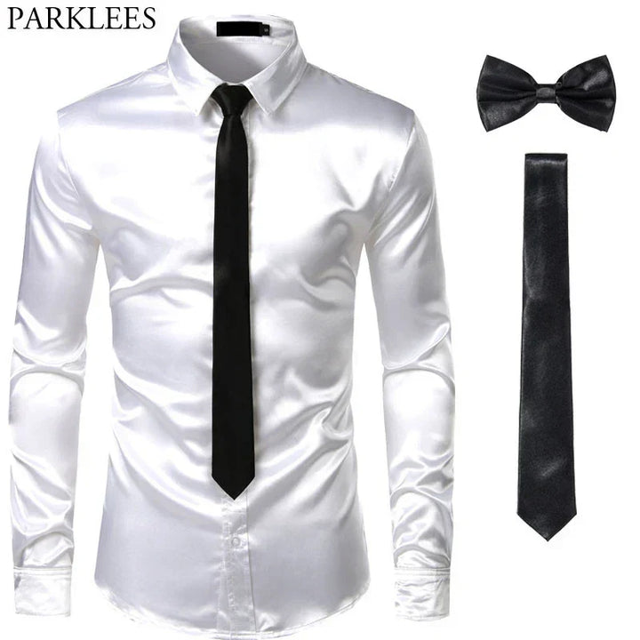 Weißes Satinhemd mit schwarzer Krawatte und Fliege, Herrenmode, Slim Fit, Party-Outfit.