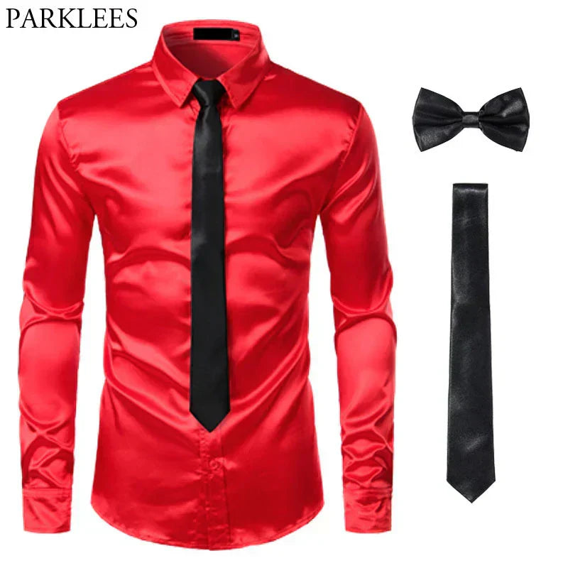 Rotes Seidenhemd mit schwarzer Krawatte und Fliege, Herrenmode, Slim Fit, Party-Outfit.