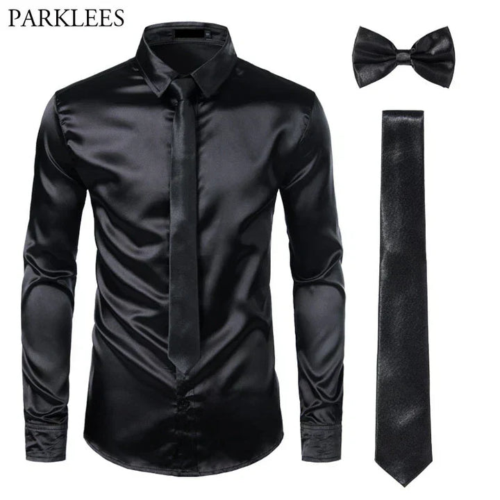 Schwarzes Satinhemd für Herren mit Krawatte und Fliege, Slim Fit, Party-Outfit.