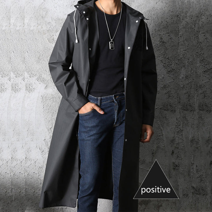 Schwarzer wasserdichter langer Regenmantel mit Kapuze für Damen und Herren, ideal für Outdoor.