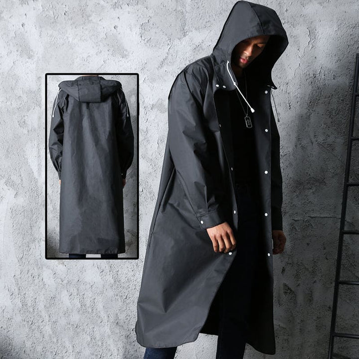 Schwarzer wasserdichter langer Regenmantel mit Kapuze für Damen und Herren, ideal für Outdoor.