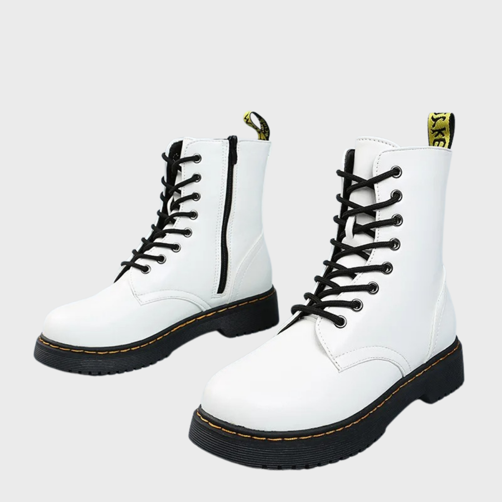 Weiße Damenstiefel mit schwarzer Schnürung, Reißverschluss, robuster Sohle, modisch, bequem.