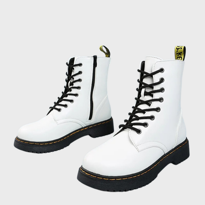 Weiße Damenstiefel mit schwarzer Schnürung, Reißverschluss, robuster Sohle, modisch, bequem.