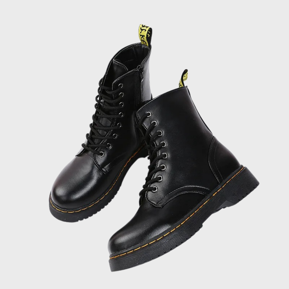 Schwarze Damenstiefel aus Leder, Schnürung, robuste Sohle, modisch, langlebig.