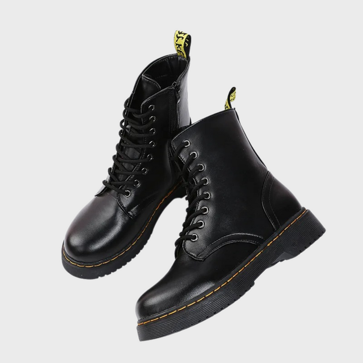 Schwarze Damenstiefel aus Leder, Schnürung, robuste Sohle, modisch, langlebig.