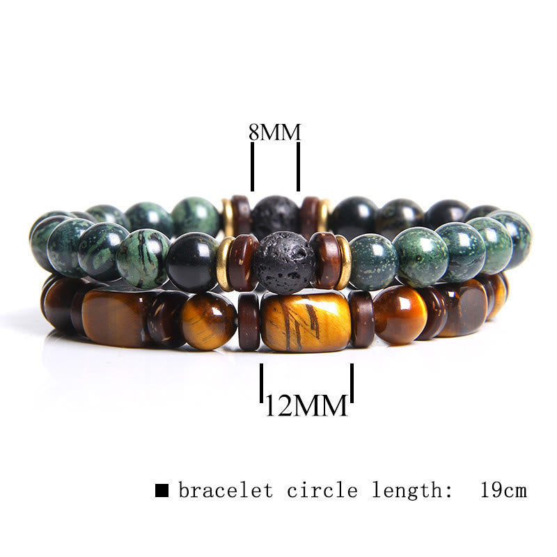 Zwei Armbänder aus Naturstein, 8mm und 12mm Perlen, grün und braun, 19cm Länge.