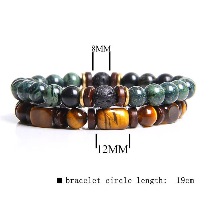 Zwei Armbänder aus Naturstein, 8mm und 12mm Perlen, grün und braun, 19cm Länge.