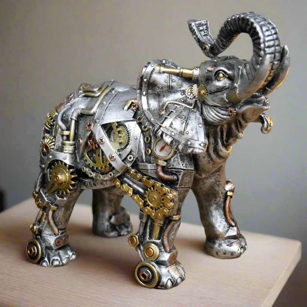 Steampunk Elefant Skulptur, silber-gold, Zahnräder, mechanisch, dekorativ, Metalloptik