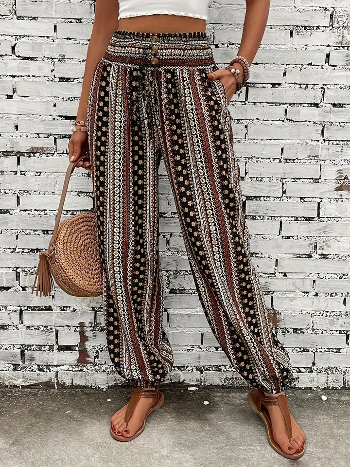 Boho Haremové dámské kalhoty s potiskem a nabíraným pasem – Linara