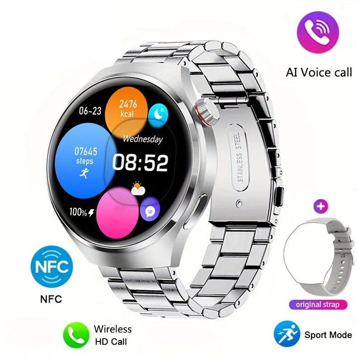 Silberne Smartwatch mit NFC, AI-Sprachsteuerung, Sportmodus, Edelstahlarmband.