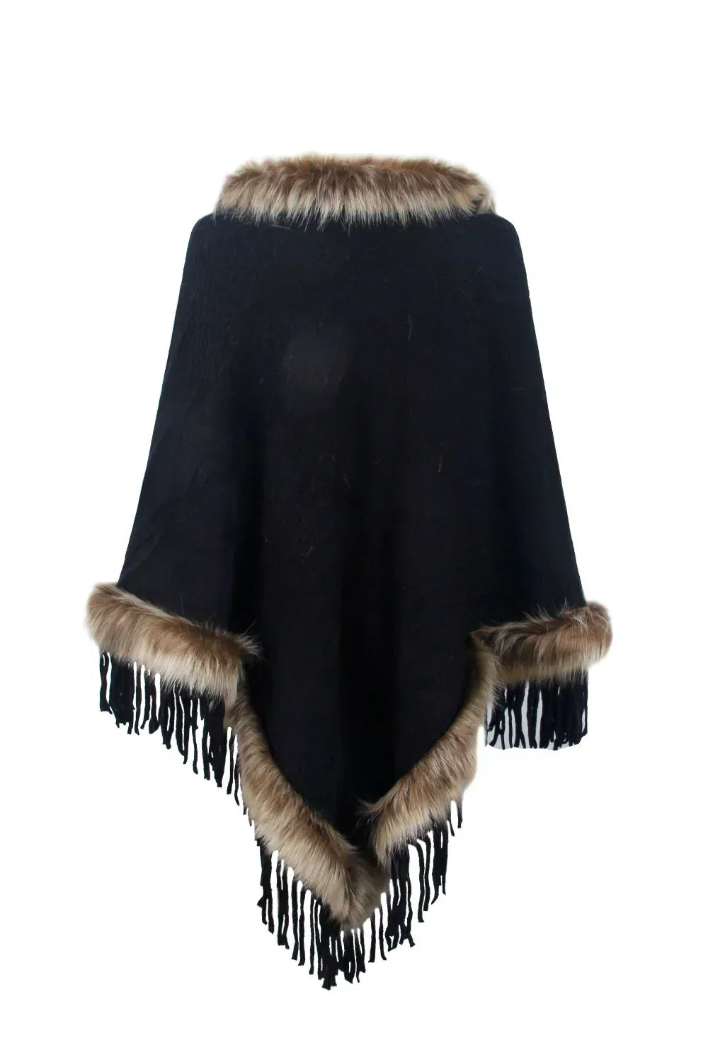 Schwarzer Poncho mit Kunstfellbesatz und Fransen, elegantes Damenmode-Accessoire.