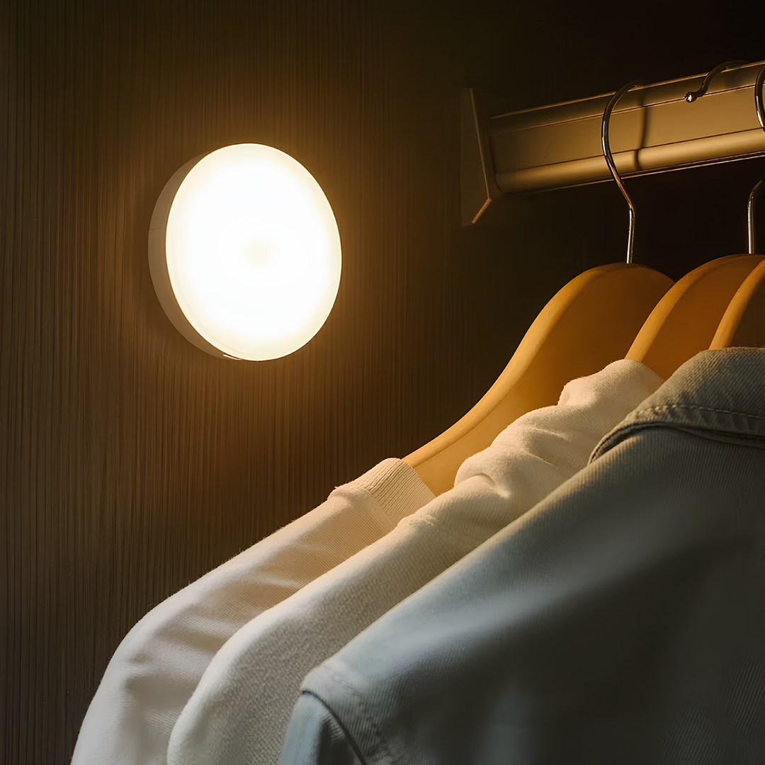 LED-Wandleuchte im Kleiderschrank, warmweißes Licht, moderne Beleuchtung, energiesparend.