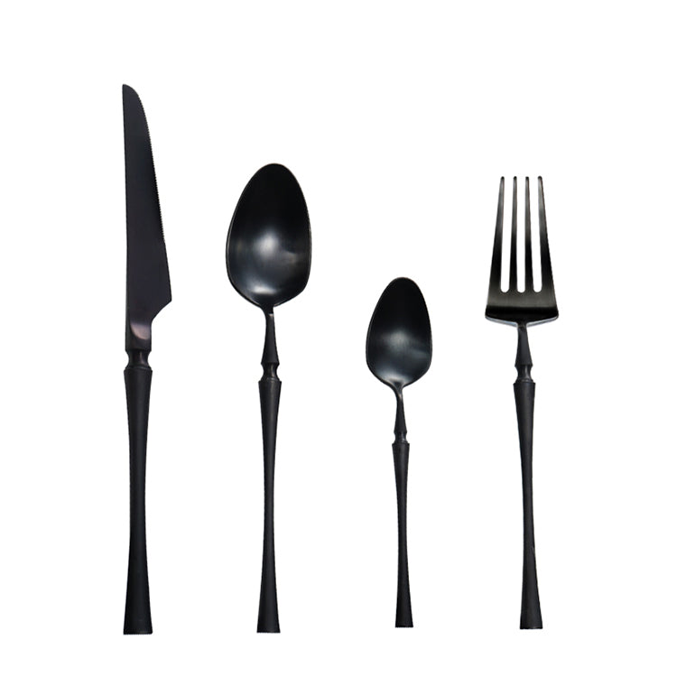 Schwarzes Edelstahl-Besteckset, 4-teilig, modernes Design, Messer, Gabel, Löffel, Teelöffel.