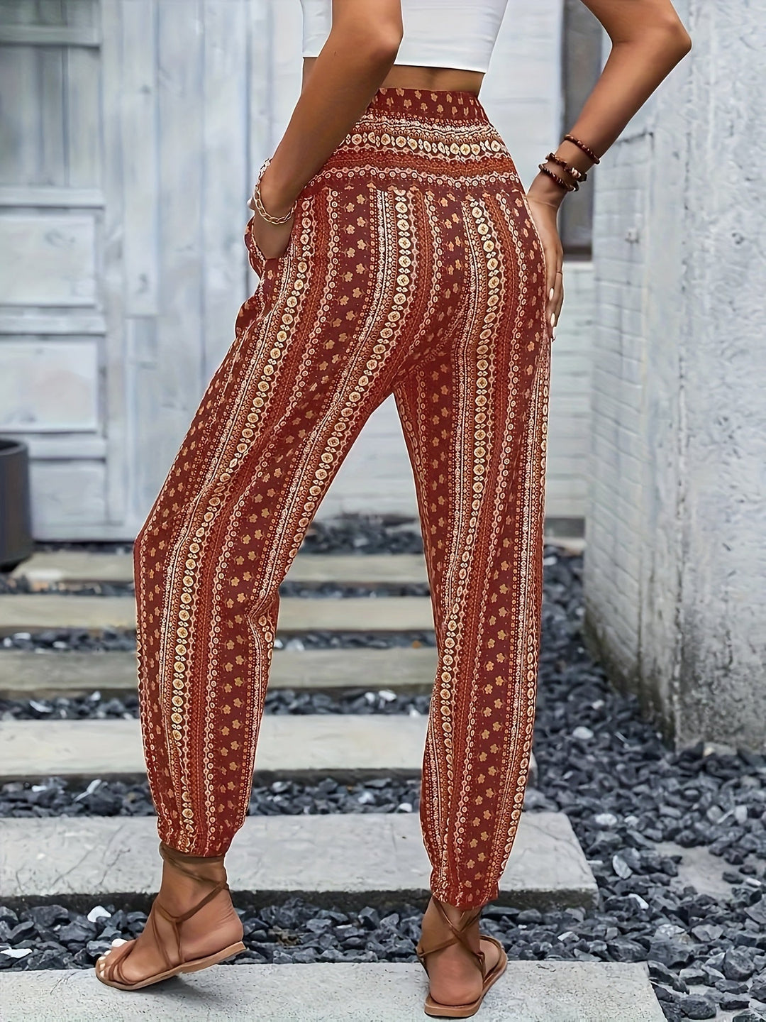 Boho Haremové dámské kalhoty s potiskem a nabíraným pasem – Linara