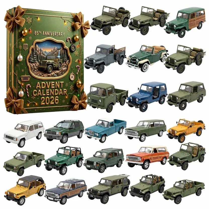 Zelená ozdobená krabice s mašlemi a kolem ní 24 miniatur terénních vozů převážně v zelené a khaki 8
