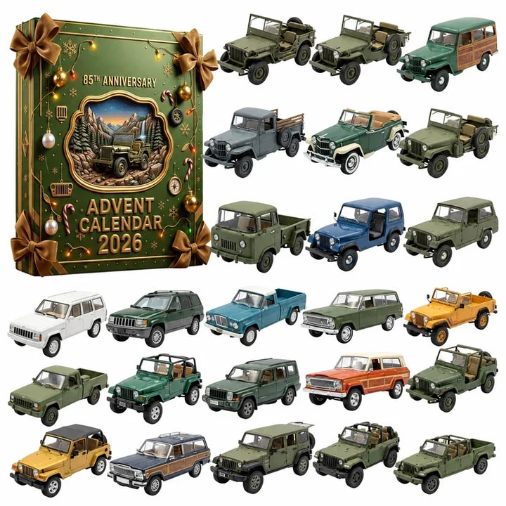 Zelená ozdobená krabice s mašlemi a kolem ní 24 miniatur terénních vozů převážně v zelené a khaki 8