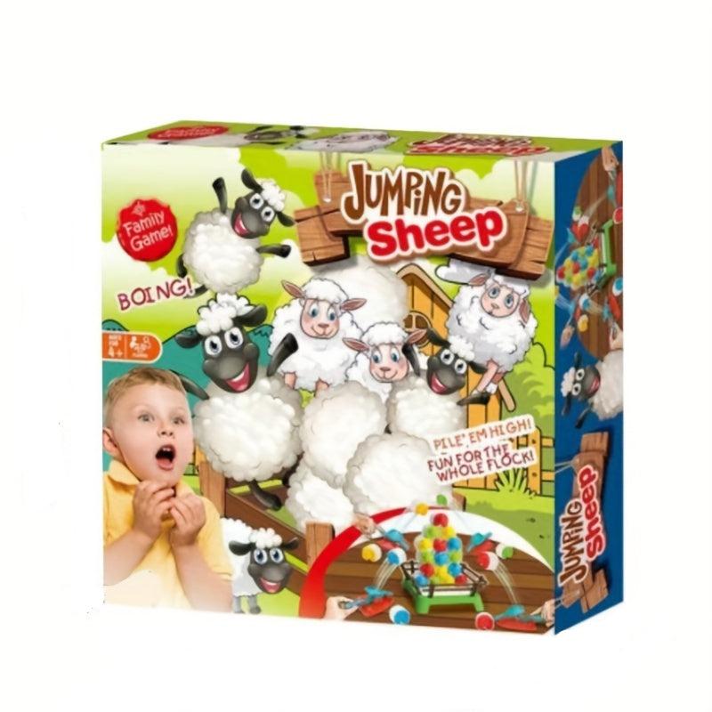 Verpackung des Familienspiels "Jumping Sheep" mit springenden Schafen, Kind, bunt, lustig.